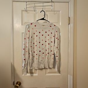 Marled White Sweater with Red Heart Pattern